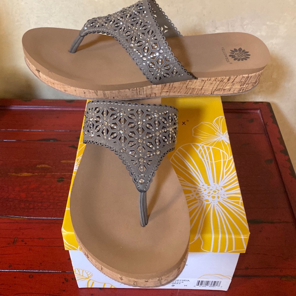 Yellow Box Korinda Gray Laser Cut Sandals with a Cork Wrapped Wedge